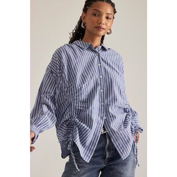 ANTHROPOLOGIE x PILCRO Reworked Ruched Buttondown Shirt Blue Stripe Sz L {PP48} - Picture 2 of 7